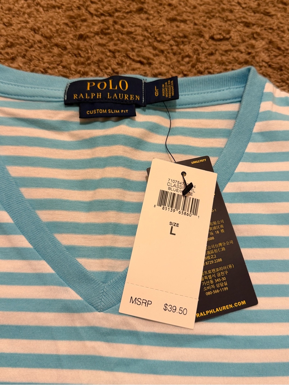 Polo by Ralph Lauren Light Blue & White Striped V-Neck Tee